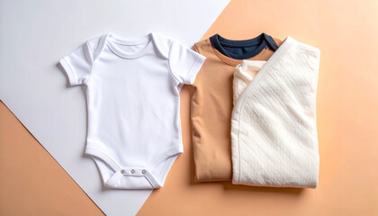 Blanket and onesie folded on white and peach background, newborn outfit flat lay