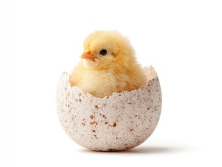 Tiny yellow chick nestled in cracked egg shell