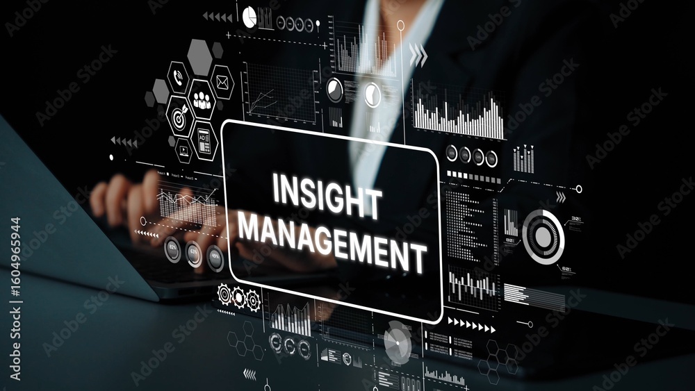 Poster business professional engaging in data analysis and insight management with digital interface graphi