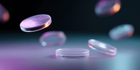 Floating 3D glass tokens illuminated on a digital frosted surface