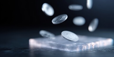 Floating 3D coins and tokens above frosted digital surface with cool lighting
