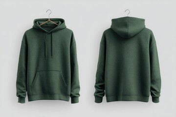 Front and back view of a dark green hoodie on hangers