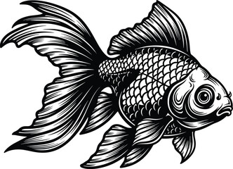 Goldfish illustration in vintage engraving style. Black and white vector of an ornate aquarium fish.