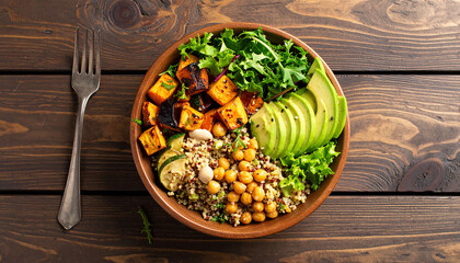 Vibrant Vegan Buddha Bowl with Roasted Sweet Potato and Avocado on a Rustic Wood Table.