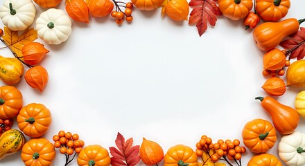Autumn harvest border of fresh fruits, vegetables, and orange leaves, perfect for Thanksgiving illustrations