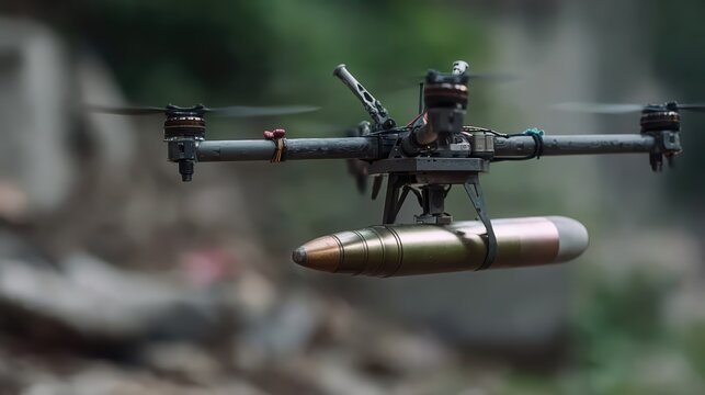 A military drone in flight, armed with a large projectile.