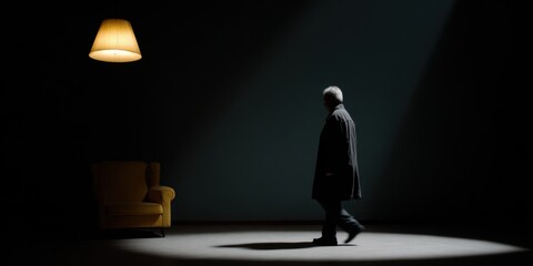Obraz premium Old man's shadow highlights memories and time in a dark room