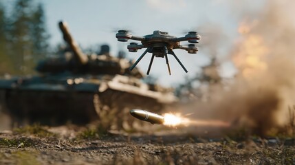 An armed drone releases its payload near a tank on the battlefield.