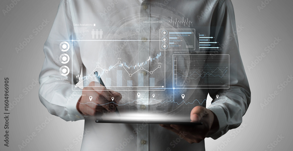 Poster high-tech data visualization dashboard for analytics and performance tracking, including data visual