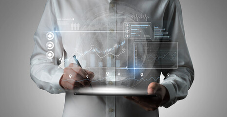 High-tech data visualization dashboard for analytics and performance tracking, including data...