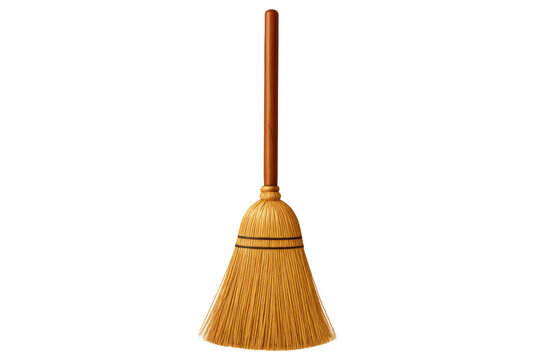 Classic straw broom with wooden handle isolated on transparent background, ready for compositing and design projects
