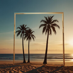 Golden Sunset Beach with Palm Trees Framed in Minimalist Square