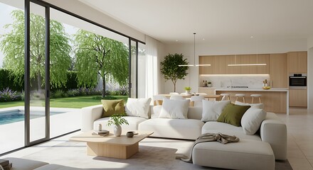 Fototapeta premium Modern living room interior with a comfortable sofa, contemporary furniture, and stylish home decor