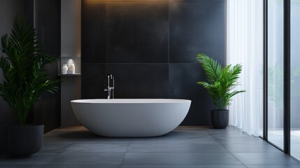 Modern black bathroom interior with bathtub green plant and concrete tiles in luxurious home design
