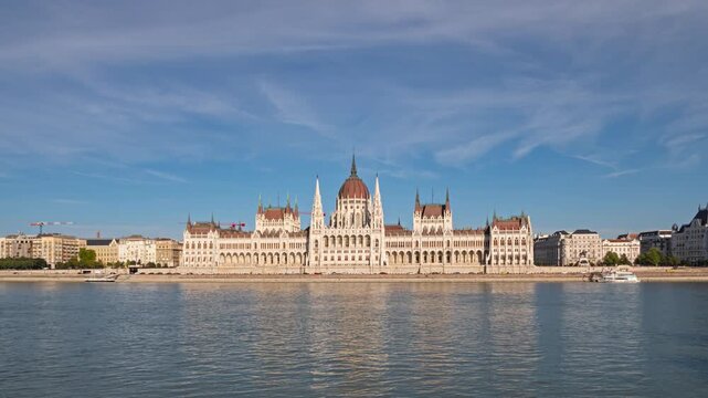 Hyper lapse panorama Budapest Parliament and Danube river.