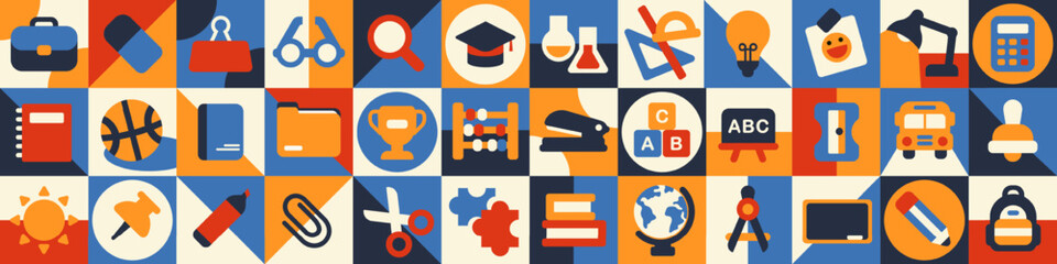 Playful panoramic banner with abstract geometric grid mosaic of vector school supplies and academic icons. Trendy education background for presentations, posters, or digital use. Education header