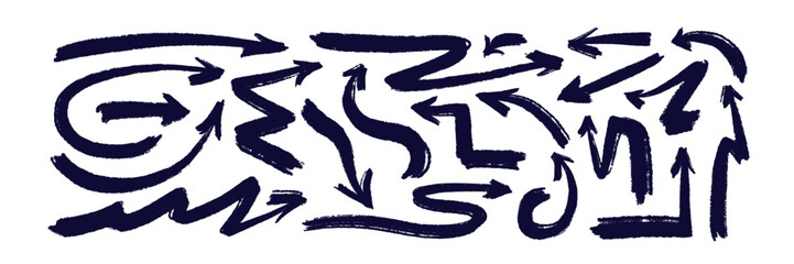 Crayon drawn arrow, brush stroke set. Art pointer