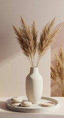 Minimalist neutral tone arrangement of pampas grass in a ceramic vase
