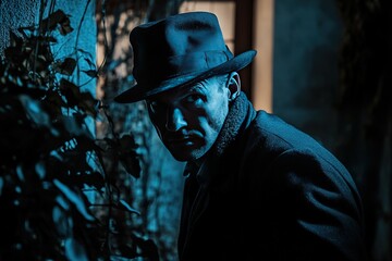 Fototapeta premium noir detective revisiting old crime scene, haunted expression