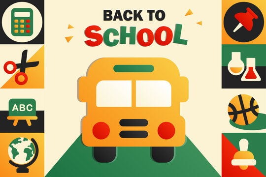 Back to school cartoon vector banner with yellow school bus, icons of backpack, calculator, lab tools and alphabet block, geometric sidebar layout, bold text and colorful grid. Trendy education card