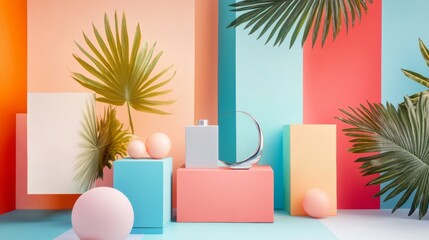 Geometric shapes and tropical plants with vibrant colors on blue and coral abstract background design