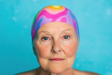 Joyful elderly woman engages in water aerobics wearing a colorful swim cap