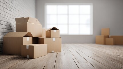 Cardboard moving boxes stacked in empty white interior space with large windows and wood floor