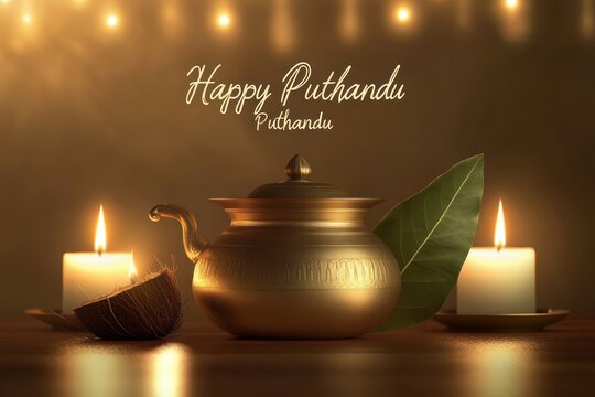 Happy puthandu celebration with traditional items and candles