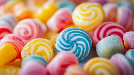 Colorful candy sweets in bright closeup macro view showing sugar treats in playful vibrant layout