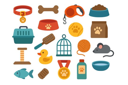 Collection of colorful pet products including toys and accessories