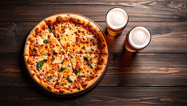 Sliced Sausage Pizza and Two Frothy Beers on a Rustic Dark Wood Table.