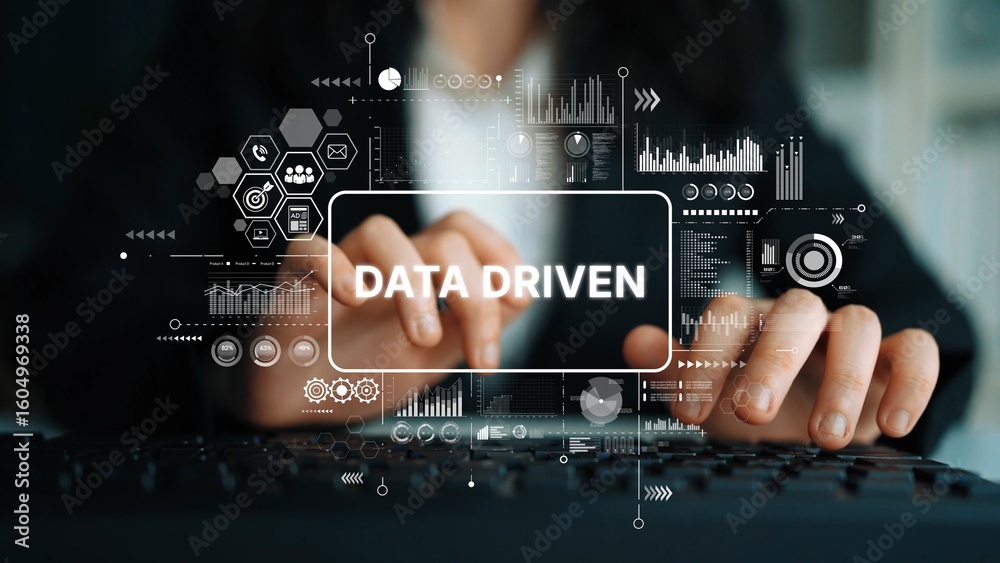 Poster professional concept of data-driven decision making in modern business environment with charts and g