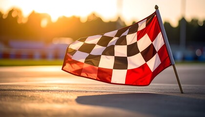 A checkered racing flag planted firmly at the finish line, glowing in the golden haze of sunset