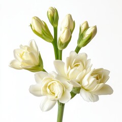 Delicate white jasmine flowers and buds on a clean white background