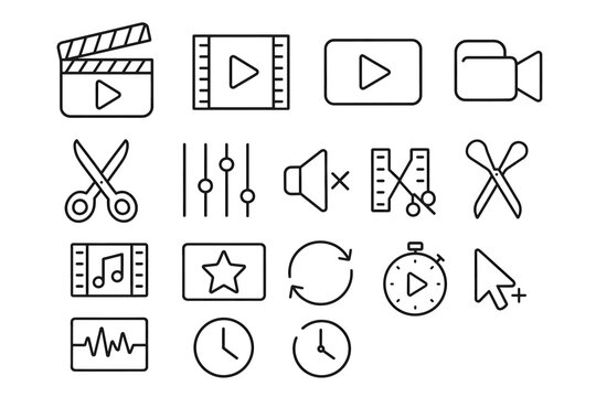 Set of 16 multimedia and video editing icons in outline style