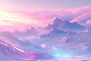 Enchanting fantasy mountain landscape with aurora and sparkling lights