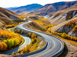 A winding road through an autumn landscape with mountains yellow trees and scenic views isolated on transparent background