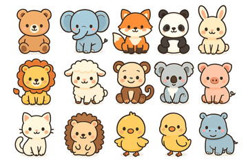 Cute kawaii animal collection featuring bear, elephant, fox, panda, lion, and more