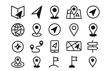 Set of location and navigation icons featuring pins, maps, and arrows