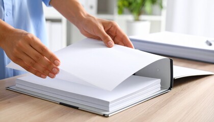 Office professional organizing a large stack of documents in a binder, showcasing business administration and paperwork management concepts