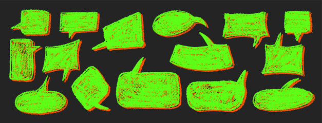 Vector set of quirky green speech bubbles and clouds with orange shadow. Wax and charcoal squiggle style on blackboard background, perfect for school or kindergarten collage, fun acid colored designs.
