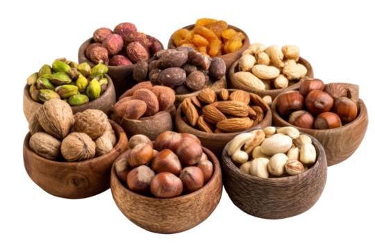 Nut variety display gourmet shop food indoor top-down view. Isolated on transparent background, png.