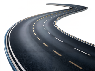 Curved asphalt road with dashed white and yellow lines on a seamless transparent background ideal for transportation and travel concepts