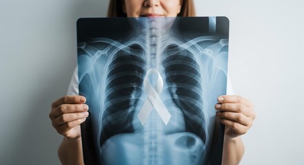 Female Patient Holding Chest X-Ray for Lung Cancer Awareness