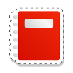 Red cartoon vector school notebook icon in flat style with label, isolated with dashed cut out line on transparent background. School spiral notebook sticker for writing notes and study. 