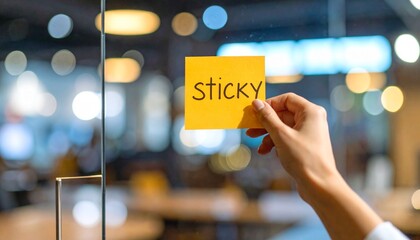 A sticky idea for business success. A hand places a yellow adhesive note on a glass wall in a modern office.