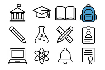 Educational icons: school, graduation, science, and technology symbols