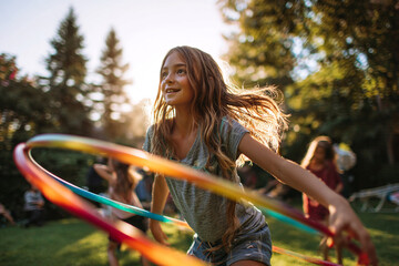 Joyful Girl Playing with Hula Hoop Outdoors, A young girl smiles brightly as she enjoys playing with a colorful hula hoop in a sunlit park surrounded by trees.