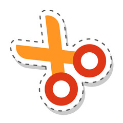  Cartoon vector icon of orange red school scissors in flat style, isolated on white background with dashed cut out line. Cutting scissors sticker for office, crafts, and stationery. 