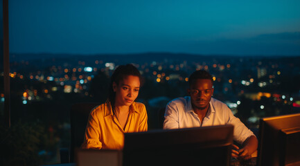 young professionals working late in modern office 